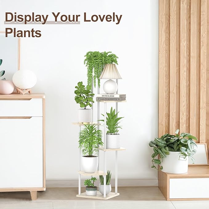 6 Tier Plant Stand Indoor Outdoor , Metal Wood Tiered Corner Plant Stands Pot Holder, Wood Flower Shelf Display Rack for Living Room Bedroom Balcony Garden Patio, White