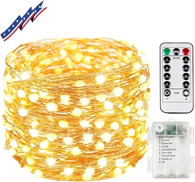 33FT 100LED Fairy Lights Battery Operated with Remote, Waterproof String Light with Timer for Indoor & Outdoor, LED Battery Twinkle Lights for Bedroom Wedding Christmas Decorations (Warm White)
