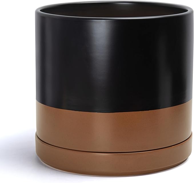D'vine Dev 14 Inch Ceramic Planter Pot with Drainage Hole and Saucer, Indoor Cylinder Round Planter Pot, Black/Speckled Tan, 94-O-G-7