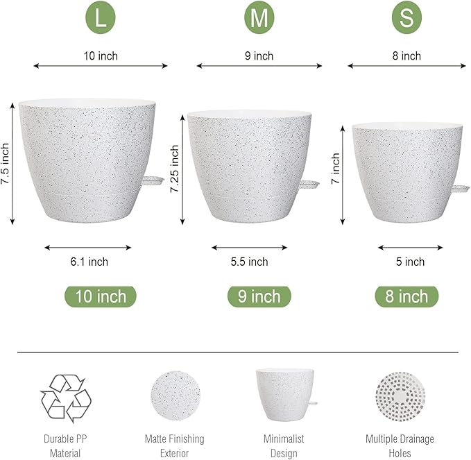 10/9/8 inch Self Watering Pots, Set of 3 Plastic Planters with Mesh Drainage Holes and Deep Reservoir for Indoor Outdoor Garden Plants and Flowers, White Speckles