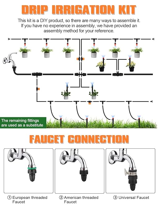 182FT Automatic Drip Irrigation Kit, Kalolary Garden Watering System with 1/4" 5/16" Distribution Tube Micro Patio Misting Equipment Adjustable Nozzle Sprinkler Emitters Barbed Fittings for Greenhouse