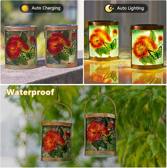 Starsoul 2 Pack Hanging Solar Lantern Outdoor Waterproof Glass Butterfly and Flowers Decorative Solar Lights for Outside Garden Yard Table Patio Decor