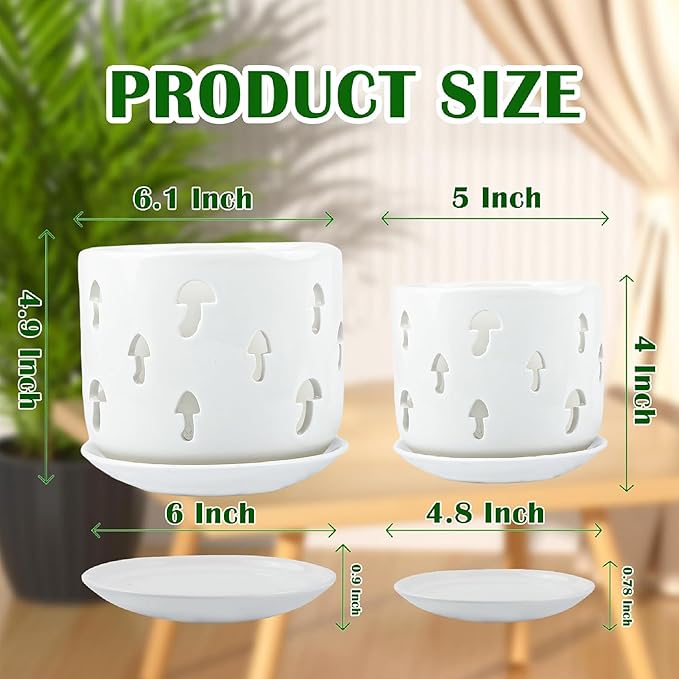 Ceramic Orchid Pot, 5 inch+6 inch Orchid Pots with Holes, Mushroom Shape Orchid Planter with Drainage and Saucer, Effectively Prevent The Root Rot of Orchids, White Flower Pot