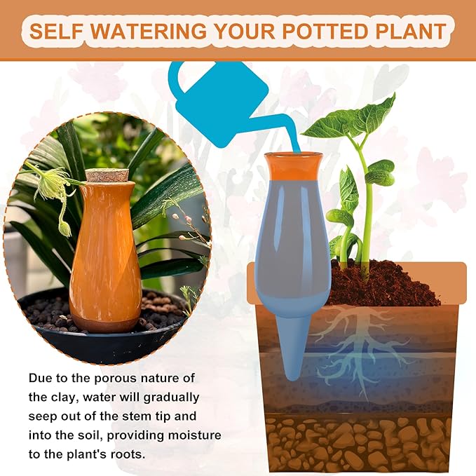 4 Packs Plant Watering Globes, Self Watering Planter Insert, Clay Plant Watering Devices, Self Watering Pots for Indoor Plant, Automatic Watering Bulbs Drip Irrigation for 1 Week Easy to Refill-Orange