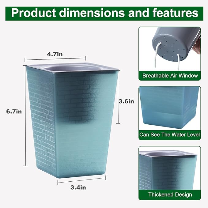 Self Watering Planter 2 Pieces 6 Inch, Plastic Flower Pots with Inner Pot Indoor Plants Brick Pattern Flowerpot for Indoor Plants, African Violets, Flowers, Herbs (Blue)