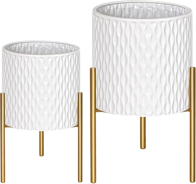 ARNIS Plants Pots with Stand, Set of 2 Planters, Unique Mid Century Decorative Metal Flower Pots with Drainage, 10.5 & 12.25 Inch, White and Gold