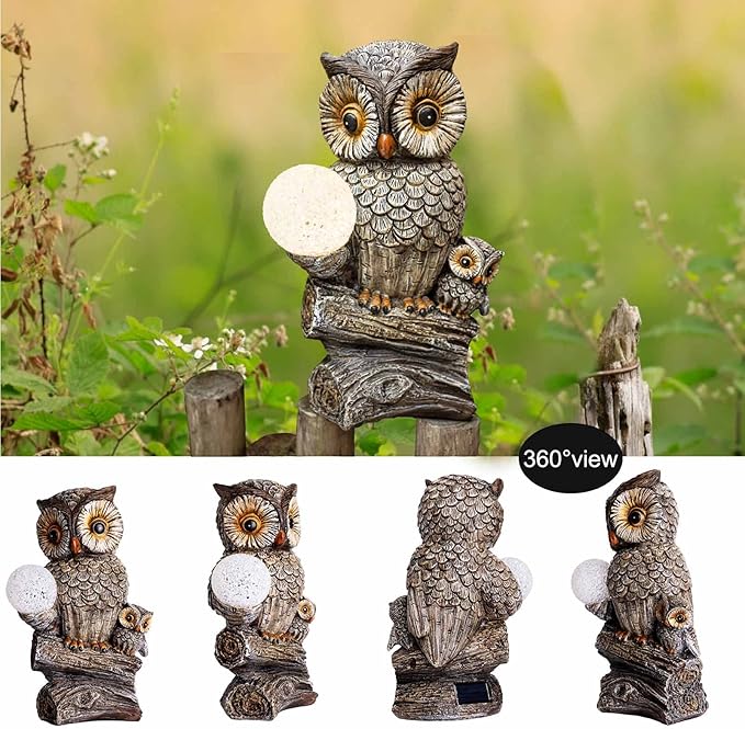 Garden Decor Owl Statues Fall Decorations for Outdoor,Resin Owl Figurines with Solar Lighted Ball- Owl Gardening Gifts for Women Owl Lawn Ornaments for Patio Decor Yard Decoration