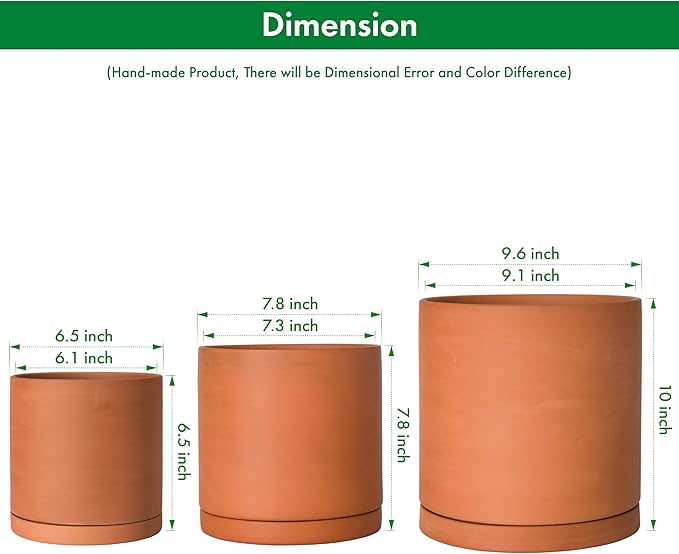 D'vine Dev Terracotta Pots for Plants, 6.5 Inch 7.8 Inch 9.6 Inch, Round Cylinder Planter Pot with Drainage and Saucer, 40-T-C-0