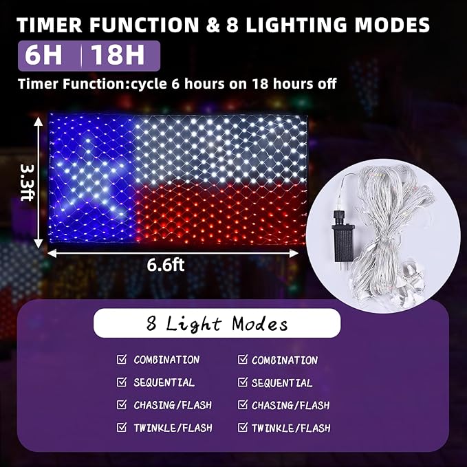 Texas Flag Net Lights Outdoor 3.3x6.6 FT - 384 LED Patriotic American Flag Decor with 8 Modes, Waterproof for 4th of July, Christmas, Yard, Porch, Parties