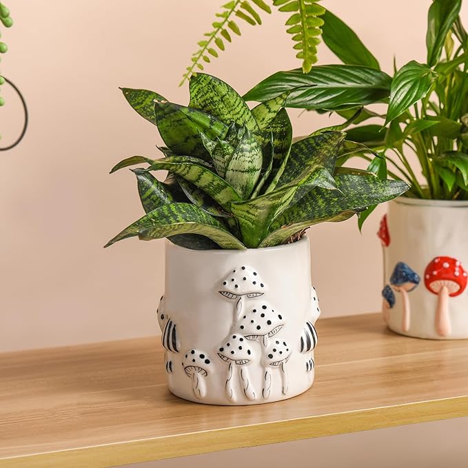 5 Inch Plant Pots Indoor, Unique Ceramic Pots for Plants with Drainage Hole, Cute Flower Pots for Indoor Plants, White Mushroom Planter Modern Decorative for Home Patio Garden