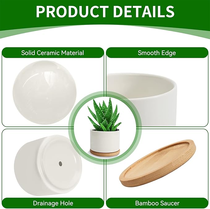 ZOUTOG Plant Pot 4 Inch, Ceramic Succulent Pots with Drainage Hole & Bamboo Tray, Pack of 6 White Small Flower Pots for Home, Office, Indoor or Outdoor Decor - Plants Not Included