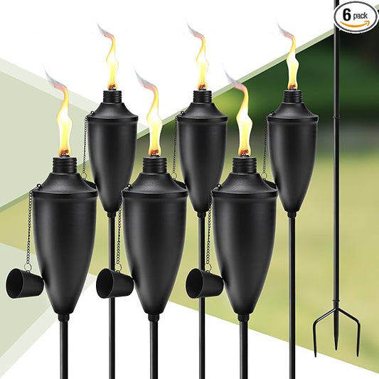 6 Pack Garden Torches for Outside， 22 oz Metal Citronella Torch with 3-Prong Grounded Stake, Perfect for Patio, Lawn, and Backyard Décor