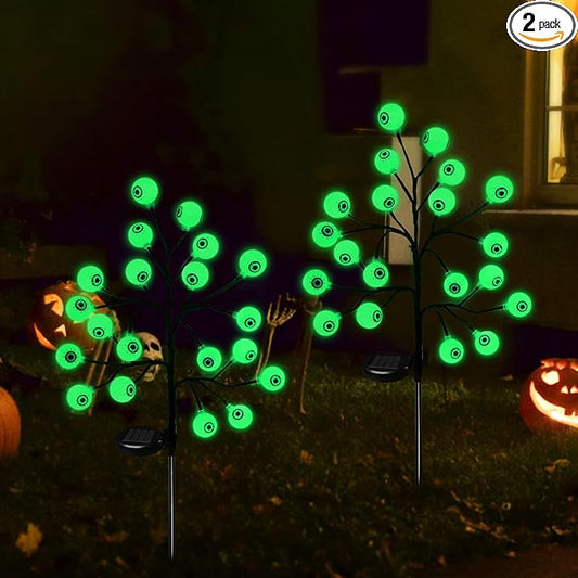 Solar Halloween Eyeball Pathway Lights Decorations, 3D Lighted Eyeball Stake Lights, 2 Pack 40 LED Halloween Lights, Outdoor Waterproof for Garden, Pathway and Yard Decoration