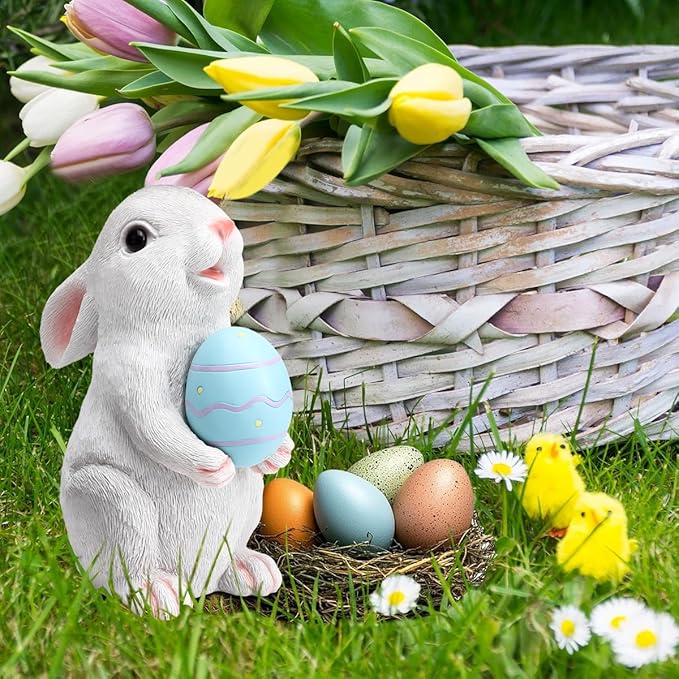Solar Easter Rabbit Garden Statues Outdoor Bunny Decor Resin Bunny Statue with Egg Changing LED Lights Outdoor Easter Decorations for Porch Patio Lawn Yard Easter Gifts for Mom Grandma