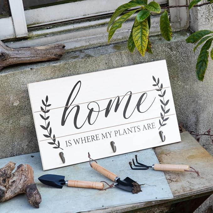 COLLECTIVE HOME - Garden Decor with Tools, Inspirational Wood Hanging Signs, Garden Tools Set - 3 Piece, Out Door Decor with Hooks, Home is Where My Plants are, 15.75"x9.5" (White)
