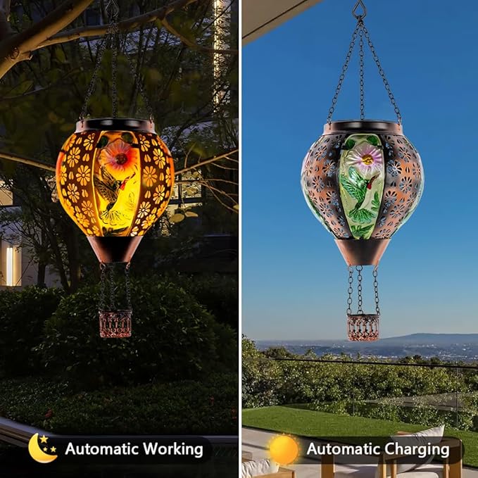 DREAMSOUL Hummingbird Hot Air Balloon Solar Lantern, Metal & Glass Flickering Flame Light Solar Lantern, Hanging Waterproof Solar Lanterns Outdoor for Garden Patio Tree Decoration Christmas Gifts