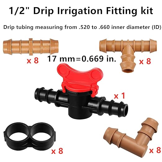33 Pack Drip Irrigation Fittings Kit for 1/2" Tubing - 1 Switch Valve, 8 Tees, 8 Couplings, 8 Elbows and 8 End Cap Plugs Barbed Connectors for Drip Sprinkler Systems, Garden, Patio, Lawn