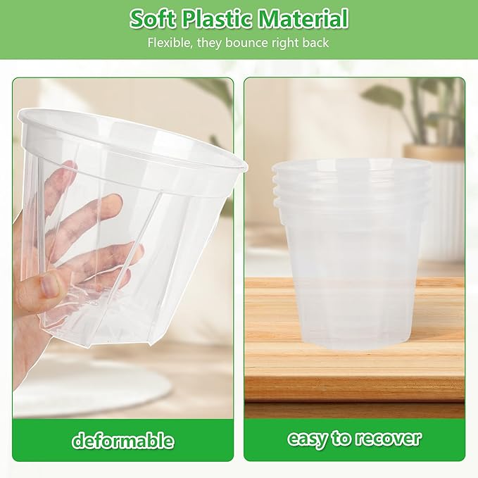 5 Sets 8 Inch Transparent Plastic Garden Pots Planter with Saucer Plant Planter Drainage Hole Plastic Pots for Plants Indoor and Out Door House Plants with 10pcs Plant Labels