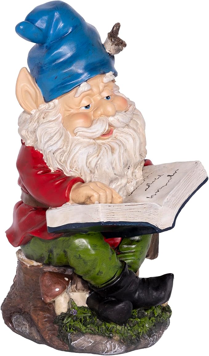 Alpine Corporation 14" Tall Outdoor Garden Gnome Reading a Book Yard Statue Decoration