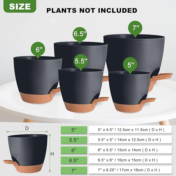 Plant Pots Pack of 5, 7/6.5/6/5.5/5 Inch Self Watering Planters with Drainage Hole Planter for Indoor Plants, Planting Pots for African Violet, Ochid and House Plants (Black)