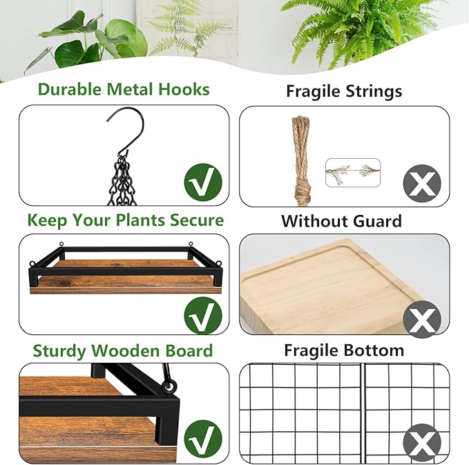 Plant Hanger Indoor, 2 Pack 16" Wooden Hanging Plant Holder with Metal Frame Large Hanging Planter for Indoor Plants Load 50LB Hanging Plant Shelf with 27.6" Long Chain, Ideal for Heavier Pots