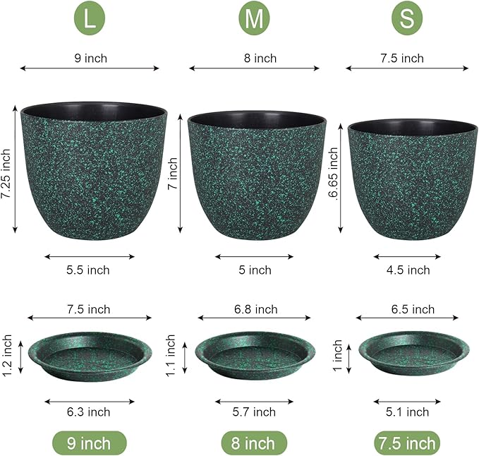 Plant Pots 9/8/7.5inch, Set of 3 Modern Decorative Plastic Planters with Drainage Holes and Saucer for Garden House Plants, Flower Pots for Indoor Outdoor Plants, Black with Green Speckles