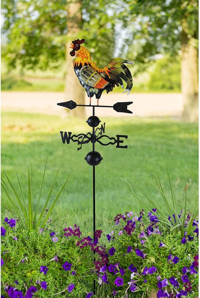 Westcharm 48 in. Crowing Metal Rooster Weathervane | Wind Wheel Decorative Garden Stake with Rooster Ornament | Chicken Garden Weather Vane