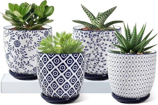 Ceramic Succulent Planter Pots - 4.6 Inch Small Flower Pot with Drainage Holes and Saucers for Indoor Plant, Cactus, Herbs, Outdoor Plants, Home Decor, Set of 4, Vintage Blue