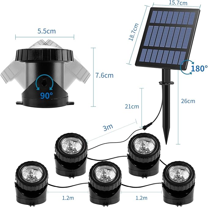 T-SUN Solar Pond Lights, 5 Headlamp RGB LED Spotlights Color Changing Submersible Fountain Lights, Underwater Solar Fish Tank Light Adjustable Lighting Angle for Garden Fountain, Pond, Pool Decoration