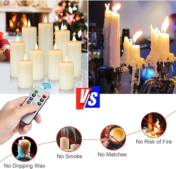 Flameless Flickering Battery Operated Candles 9PACK Real Wax Pillar LED Candles with 10-Key Remote Control and 24 Hours Timer for Wedding, Party, Home Decoration (Ivory)