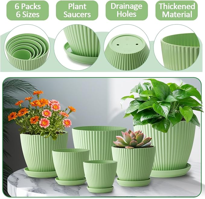 Plant Pots with Drainage Holes and Tray Saucer 7.5/6.5/5.5/4.9/4.2/3.5 Inches Flower Pots - 6 Pack Thick and Sturdy Planters for Indoor Plants Such As Orchid, Succulent and Herbs, Green