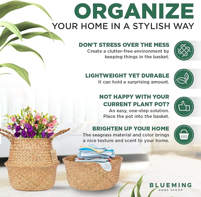 Basket Planter – Seagrass Plant Pot for Artificial Olive Tree, Decorative 6-7 Inch Indoor Wicker Pot with Handles (Original, Small)