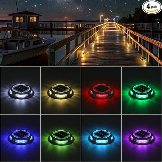 Solar Driveway Lights Outdoor 4 Pack, RGB Colors Solar Deck Dock Lights Outdoor Waterproof IP68, 3 Dynamic Light Modes, Driveway Marker for Warning Stair, Boat Dock, Step, Walkway, Patio Decor