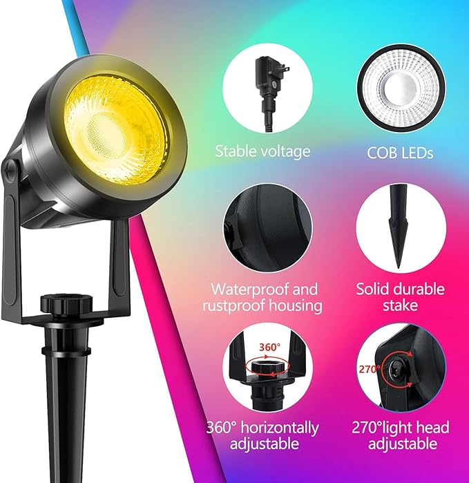 RGBW Color Changing Landscape Lighting,12V Low Voltage Landscape Lights Spotlights with Transformer Remote Control Decorative for Garden, Yard, Lawn, Pool, 44ft Cable(6-in-1)