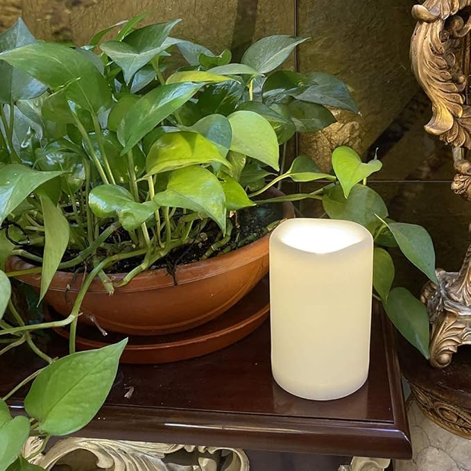 CANDLE CHOICE Waterproof Outdoor Battery Operated Flameless Candles with Timer Large Plastic Resin Bright Flickering Electric LED Pillars Lantern Garden Wedding Christmas Decorations 4”(D)x6”(H) 2 PCS