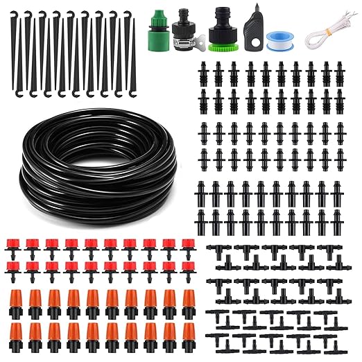 50FT Drip Irrigation System Kit - Garden Watering System with 1/4" Drip Irrigation Tubing Parts - Automatic Irrigation Sprinkler Equipment for Outdoor Plants, Garden, Greenhouse, Flower Bed, Lawn