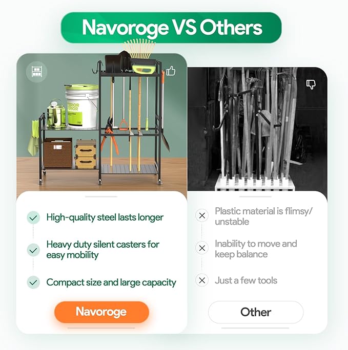 Garden Tool Organizer for Garage,Yard Tool Holder with Wheels,Multifunctional Tool Storage Rack with 5 Hooks,for Garden Shed Garage Yard Basement Lawn,Up to 35 Long-Handled Tools,Black