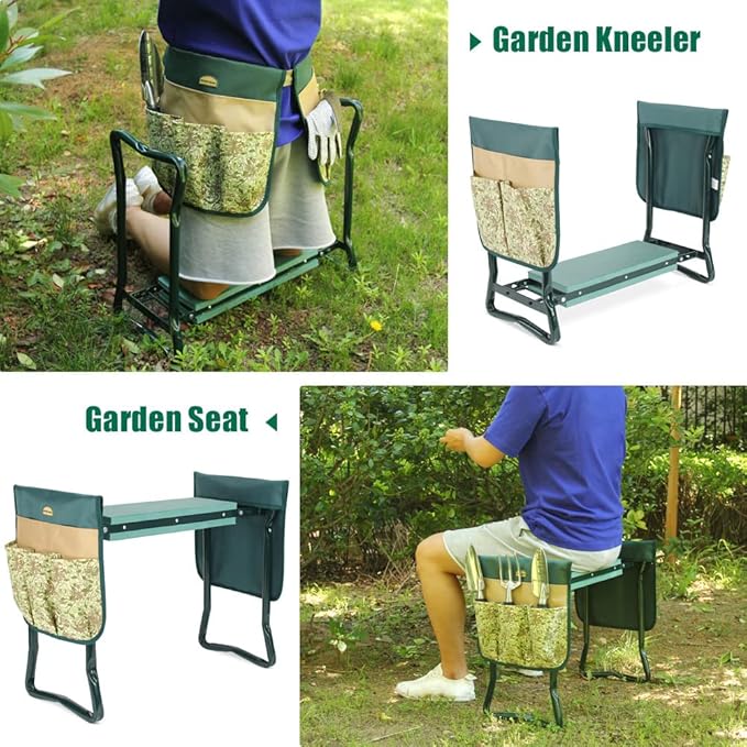 G GOOD GAIN Garden Kneeler Stool Seat,Foldable Garden Bench with Tools Bag Pouch,Thicken & Widen Soft EVA Foam Pad Outdoor Portable Kneeler Stool with Garden Apron Bags.Honey