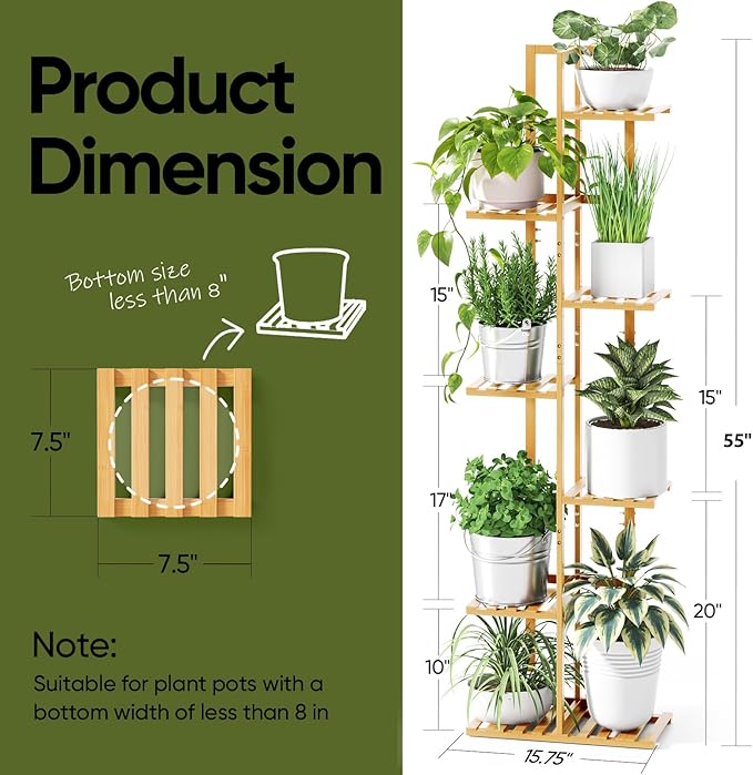 ROSSNY Plant Stand Indoor, 7 Tier 8 Potted Bamboo Plant Stands for Indoor Plants, Corner Plant Stand,Plant Shelf For Indoor, Tiered Plant Stands, Planter Holder for Multiple Plants Indoor Tall,