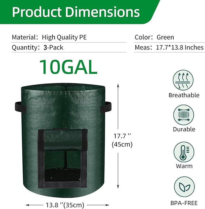 10 Gallon 3-Pack Potato Grow Bags, Heavy Duty PE Fabric Pots with Flap and Handles, Green Planter Bags for Potato Vegetables Outdoor Garden, 17.7''x13.8'' Large for All Plants Growing