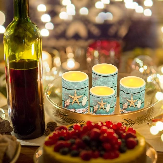 Flameless Light Candles Battery Operated Candles with Color Changing Timer Remote Control Fake Pillar Candle Tealights Home Indoor Beach Coastal Decoration, Starfish Shell Wood Grain