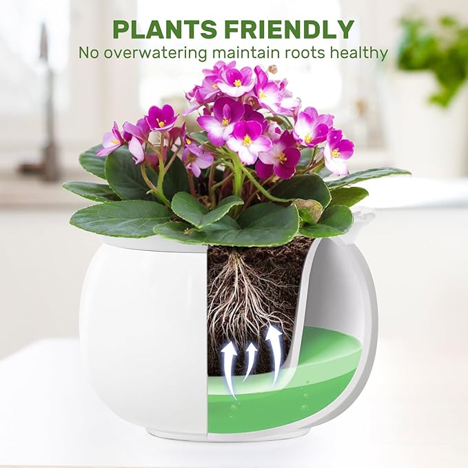 African Violet Pots, 8 Inch Self Watering Pots, Easy Plant Self Watering Pot, Ceramic Plant Pot with Absorbent Inner Pot for Flowers, Flower Pot Indoor - White