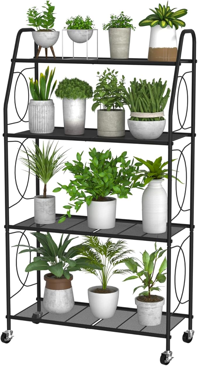 4 Tier Plant Stand with Wheels, Plant Shelf for Indoor Outdoor, Heavy Duty Metal Tall Plant Stands Holder Rack for Living Room Balcony and Garden, Black