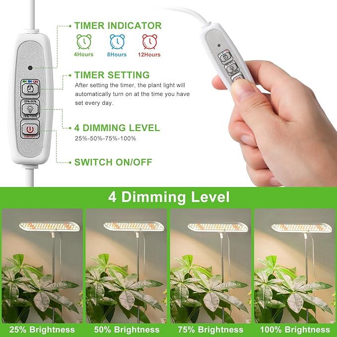 FOXGARDEN® Grow Light, Full Spectrum LED Grow Lamp, Plant Lights for Indoor，Auto Timer 4/8/12H, 4 Dimmable, Height Adjustable 8.5"-24", Growing Lights 2 Pack