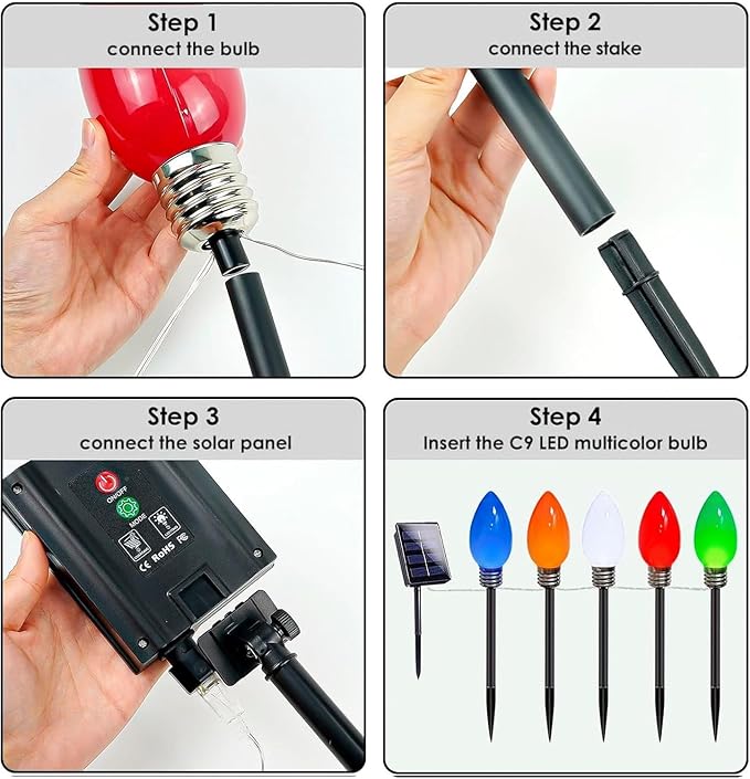 10-Pack Jumbo C9 Solar Christmas Lights, Upgraded LED Outdoor Christmas Decoration, Larger Muticolor Bulbs Solar Lights Outdoor Waterproof for Outside Path Garden Holiday Yard Patio Decor (Multicolor)