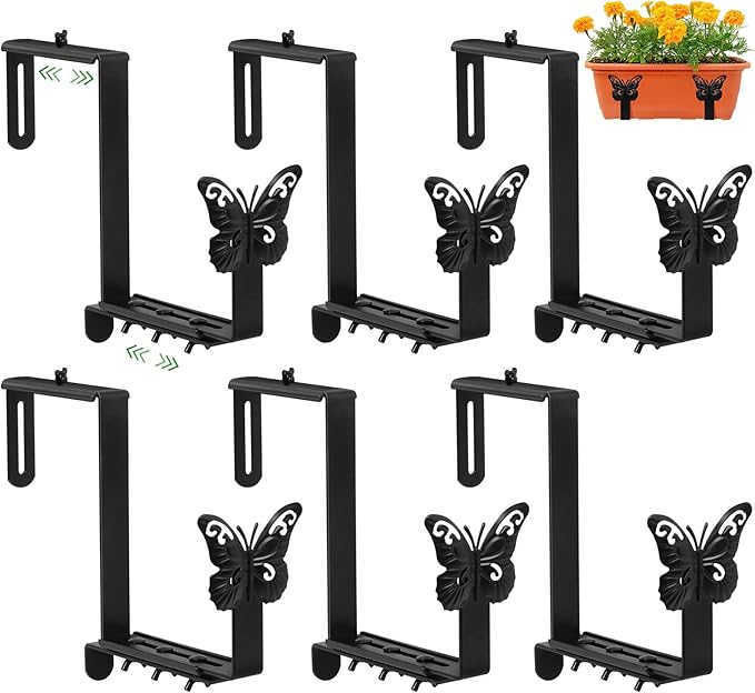 Planter Box Brackets, Adjustable Window Boxes Planters Brackets with Butterfly, Hanging Flower Box Stand Hooks for Deck Railing Pergola Balcony Garden - 6 pack