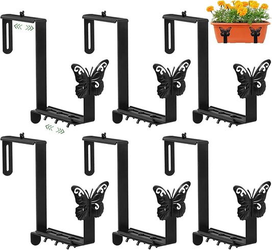 Planter Box Brackets, Adjustable Window Boxes Planters Brackets with Butterfly, Hanging Flower Box Stand Hooks for Deck Railing Pergola Balcony Garden - 6 pack