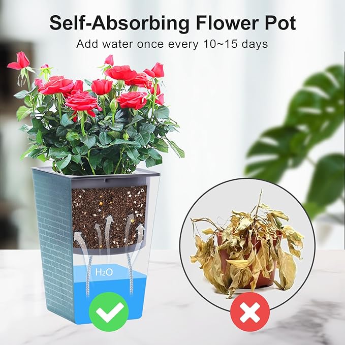 Self Watering Planter 2 Pieces 6 Inch, Plastic Flower Pots with Inner Pot Indoor Plants Brick Pattern Flowerpot for Indoor Plants, African Violets, Flowers, Herbs (Blue)