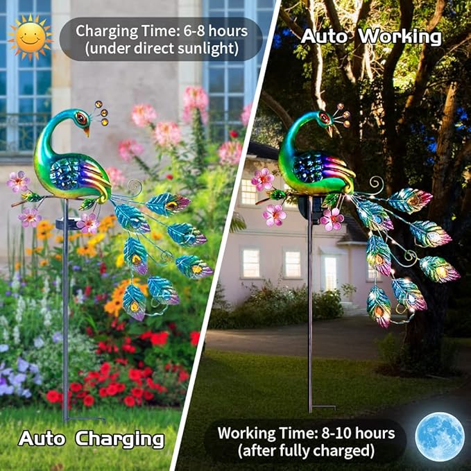 VEWOGARDEN Peacock Solar Lights Outdoor Metal Solar Garden Lights Solar Pathway Lights Outdoor Waterproof LED for Patio Lawn Yard Decorations