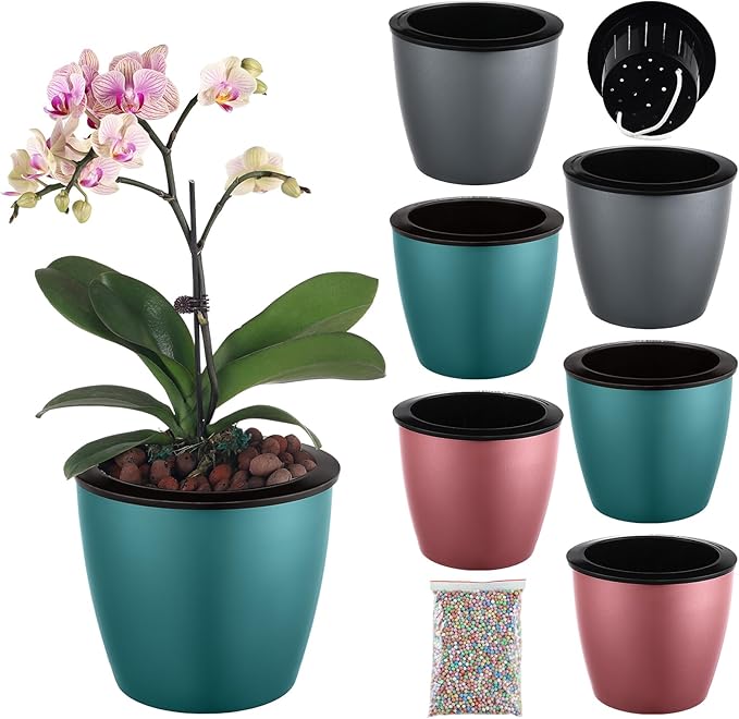 Planterhoma 6.7 Inch Self Watering Pots for Indoor Plants, 6 Packs African Violet Pots with Black Wick Pots, Self Watering Planters for Devil's Ivy, Indoor Plant Pots, Silver/Blue/Rose Gold